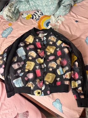 Perfume Bottle Print Sequin Bomber Jacket – Size M